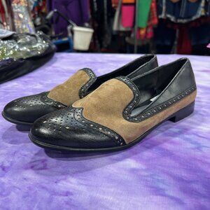 Franco Sarto Tweed SlipOn Loafer Women Sz 8M Leather Black Brown Bookcore Preppy